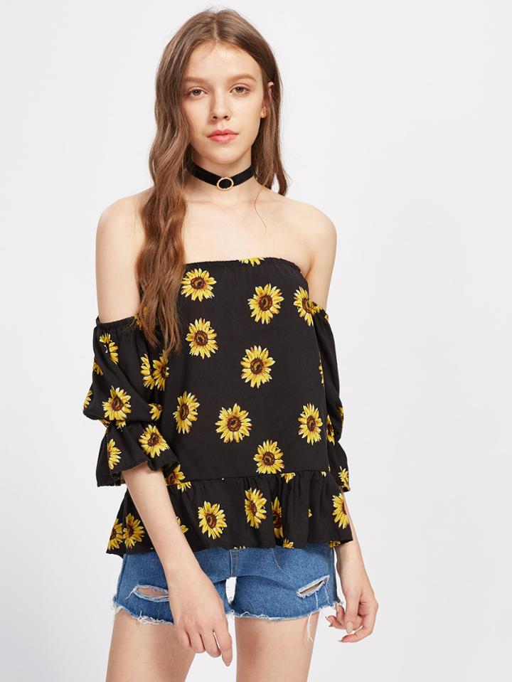 Romwe Bardot Sunflower Print Frill Hem Top