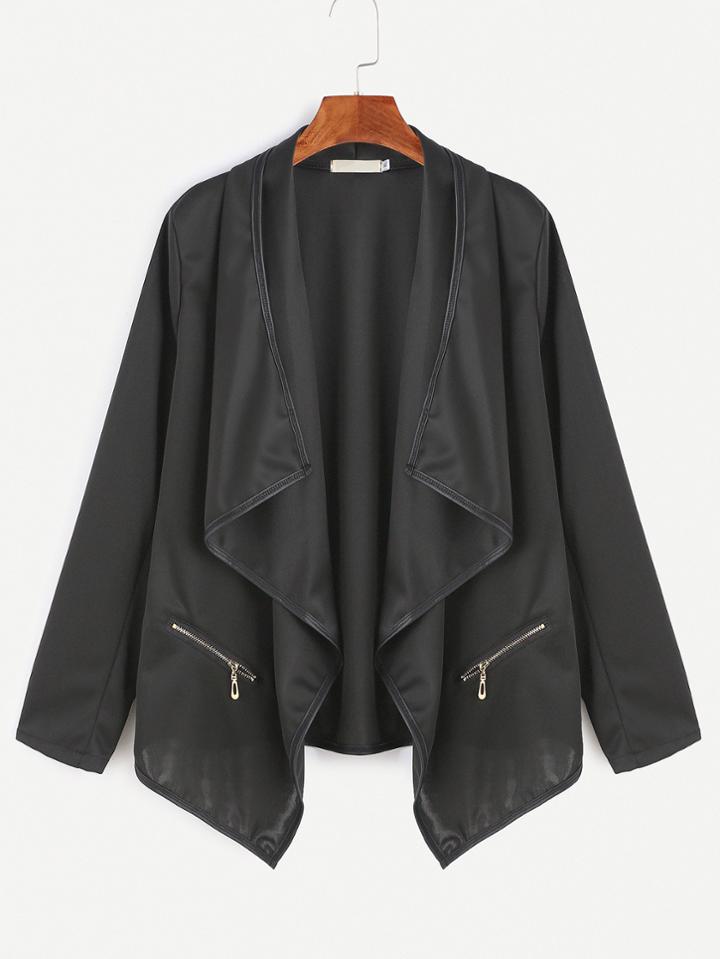 Romwe Black Drape Front Dip Hem Zip Detail Coat