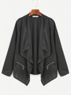 Romwe Black Drape Front Dip Hem Zip Detail Coat