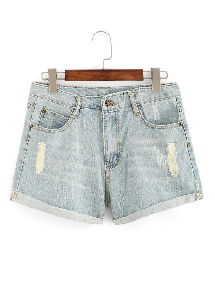 Romwe Distressed Rolled Hem Denim Shorts