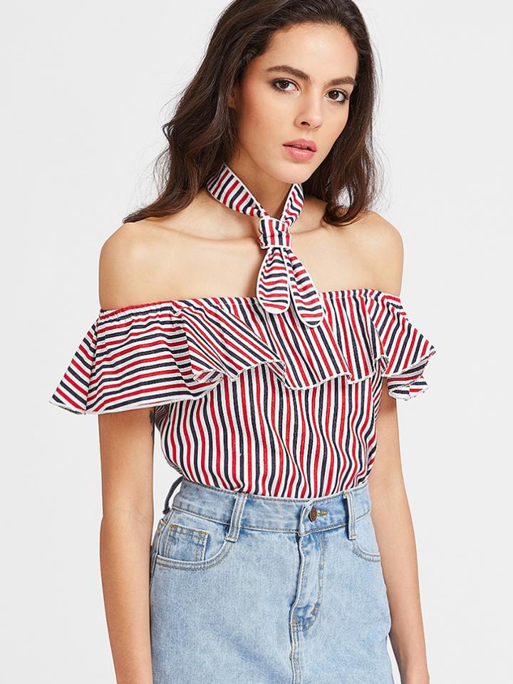 Romwe Ruffle Striped Open Shoulder Choker Neck Blouse