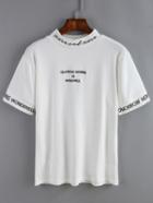 Romwe Mock Neck Letters Embroidered White T-shirt