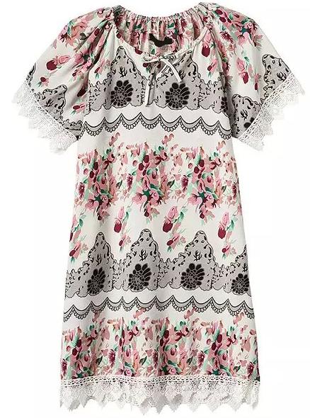 Romwe Short Sleeve Lace Edge Florals Multicolor Dress