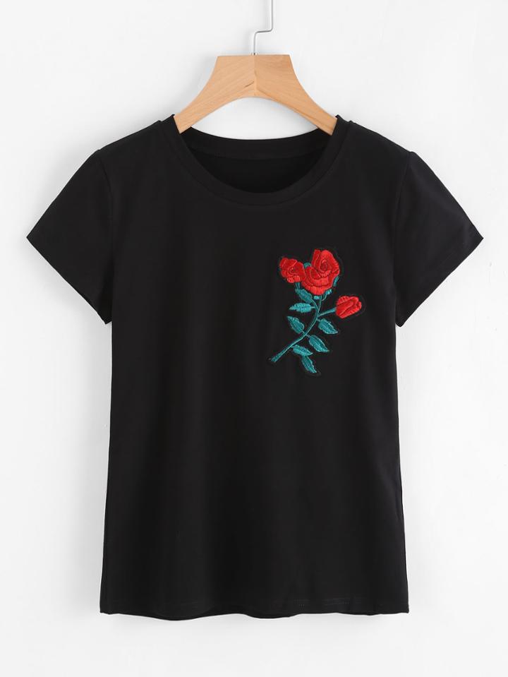 Romwe Embroidered Applique T-shirt