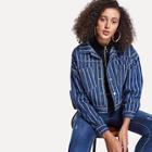 Romwe Striped Crop Denim Jacket
