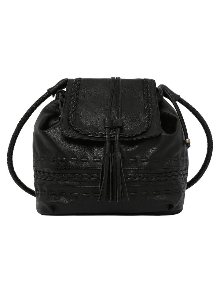 Romwe Braided Taselled Flap Bucket Bag