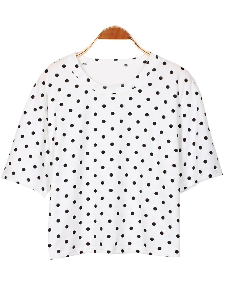 Romwe Polka Dot Crop White T-shirt