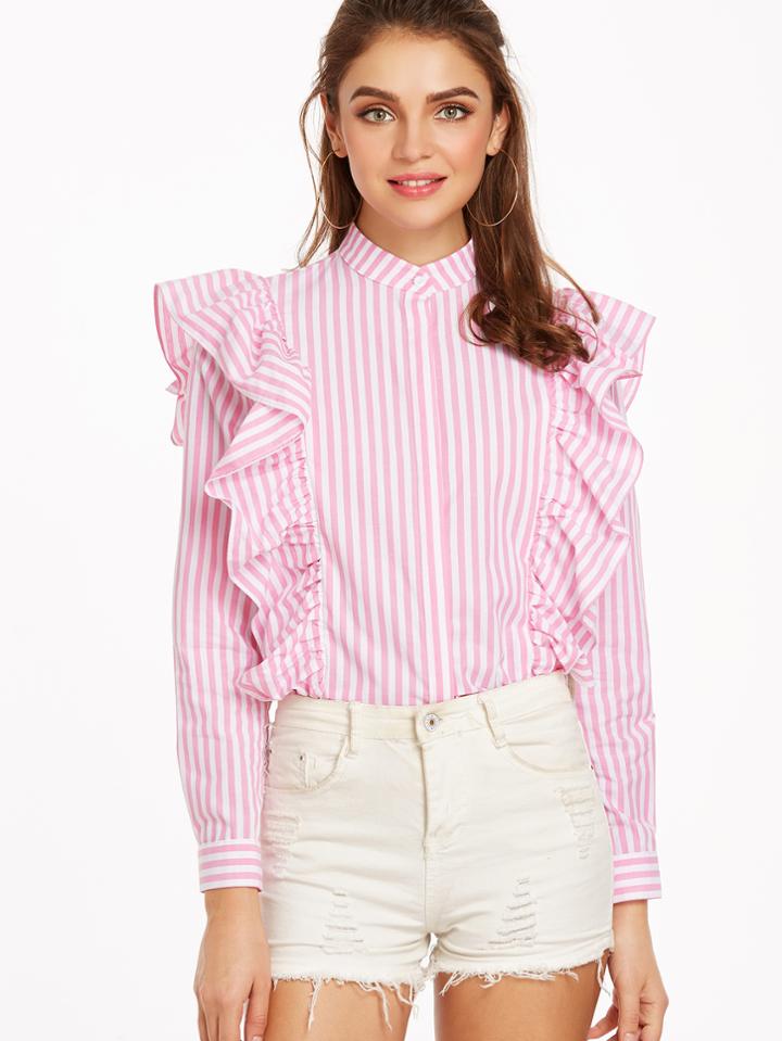 Romwe Vertical Striped Hidden Button Frill Blouse
