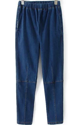 Romwe Elastic Waist Denim Slim Pant