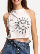 Romwe Halter Sun Moon Print Top