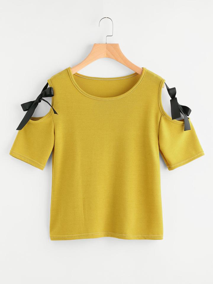 Romwe Open Shoulder Bow Tie Tee