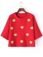 Romwe Bear Embroidered Patch Red Sweater