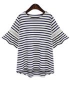 Romwe Lace Insert Navy Striped T-shirt