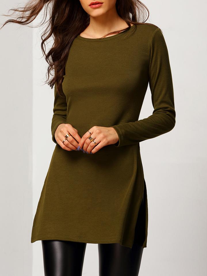 Romwe Army Green Round Neck Split T-shirt