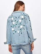 Romwe Light Wash Flower Applique Embroidered Denim Jacket