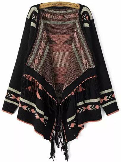 Romwe Black Long Sleeve Geometric Print Tassel Cardigan