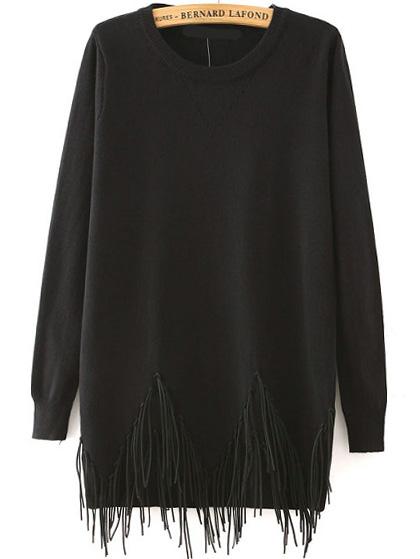 Romwe Round Neck Tassel Black Sweater