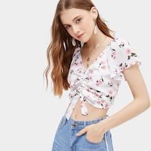 Romwe Floral Print Crop Drawstring Blouse
