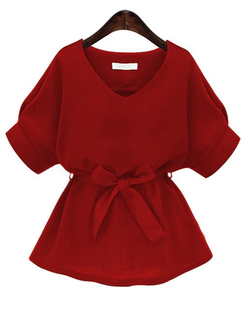 Romwe Red V Neck Self Tie Blouse