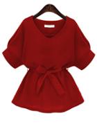 Romwe Red V Neck Self Tie Blouse