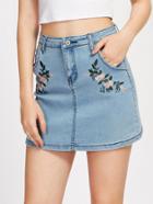 Romwe Floral Embroidered Denim Skirt