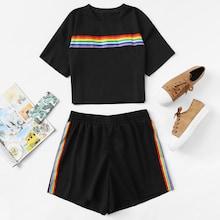 Romwe Plus Drop Shoulder Striped Tape Tee With Shorts