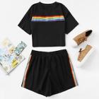 Romwe Plus Drop Shoulder Striped Tape Tee With Shorts