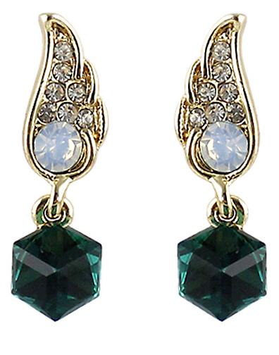 Romwe Green Gemstone Gold Diamond Wing Earrings