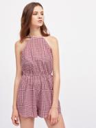 Romwe Racer Neck Strappy Open Back Gingham Playsuit