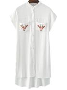 Romwe White Buttons Front Dip Hem Pockets Embroidery Dress