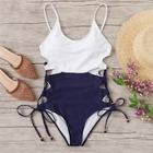 Romwe Two Tone Tie Side One Piece Swim