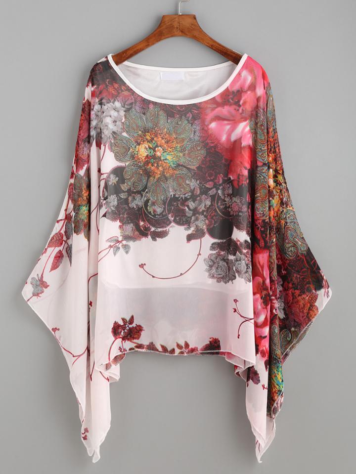 Romwe Pink Floral Print Batwing Chiffon Blouse
