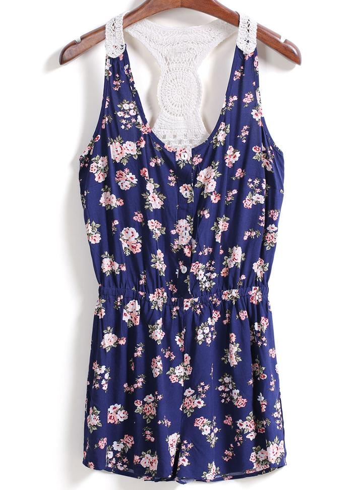 Romwe Y-back Florals Blue Dress