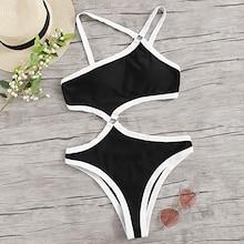 Romwe Contrast Piping Ring Linked Monokini