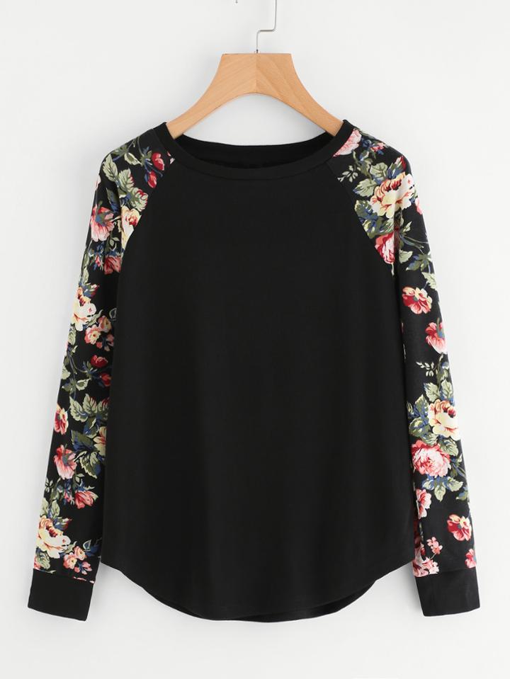 Romwe Floral Raglan Sleeve Curved Hem Top
