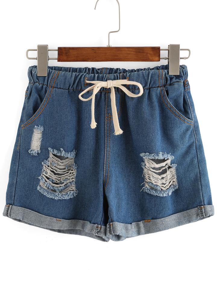 Romwe Ripped Cuffed Denim Shorts With Draw Cord Waist