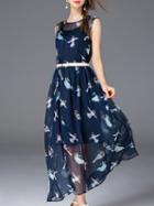 Romwe Navy Belted Birds Two Pieces Maxi Dress