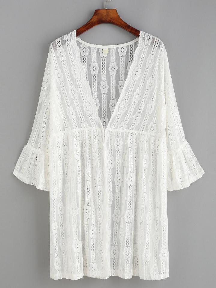 Romwe White Flower Lace Ruffle Sleeve Blouse