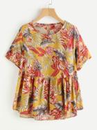 Romwe Allover Tropical Print Keyhole Back Smock Blouse