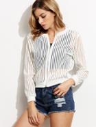 Romwe White Striped Mesh Bomber Jacket
