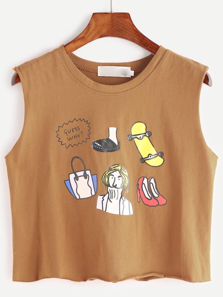Romwe Khaki Cartoon Print Crop Tank Top