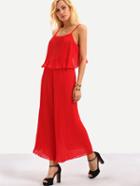 Romwe Pleated Flounce Cami Top With Wide Leg Pants - Red
