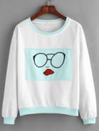 Romwe White Contrast Trim Glasses Embroidered Patch Sweatshirt