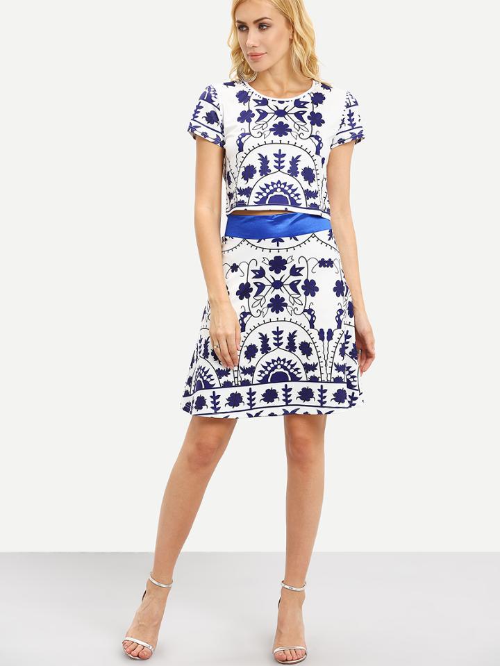 Romwe Blue And White Print Crop Top With Skirt