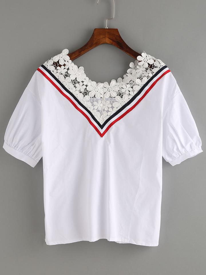Romwe Crochet Trimmed Red V Neck Puff Sleeve Top