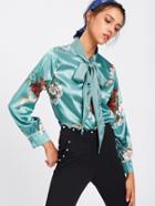 Romwe Flower Print Self Tie Bow Satin Shirt