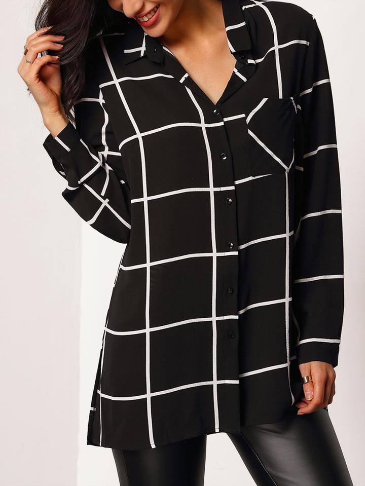 Romwe Black Lapel Long Sleeve Plaid Pockets Blouse