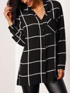 Romwe Black Lapel Long Sleeve Plaid Pockets Blouse