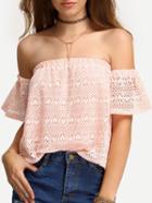 Romwe Off-the-shoulder Hollow Out Lace Blouse - Pink