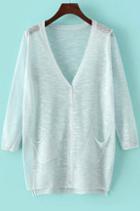 Romwe Dip Hem With Pockets Pale Blue Cardigan